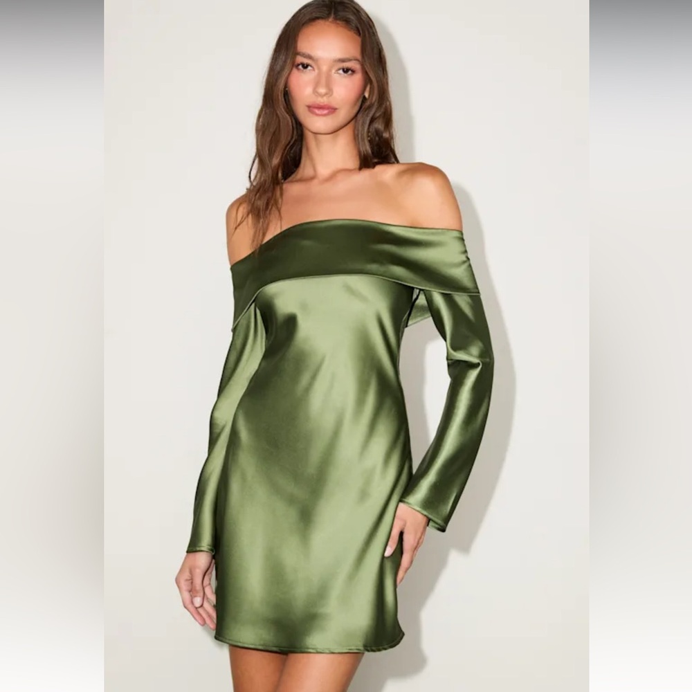 Lulus Luxurious Vision Olive Green Satin Off-the-Shoulder Mini Dress Size S NWT